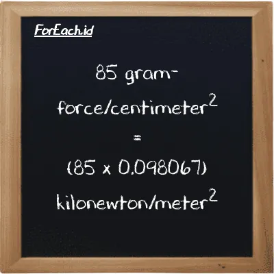 85 gram-force/centimeter<sup>2</sup> setara dengan 8.3357 kilonewton/meter<sup>2</sup> (85 gf/cm<sup>2</sup> setara dengan 8.3357 kN/m<sup>2</sup>)